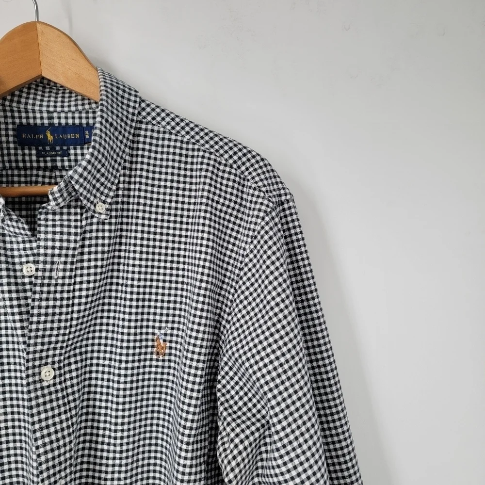 Ralph Lauren Blue Label Shirt Men's XL Black White Gingham Checkered Button Down